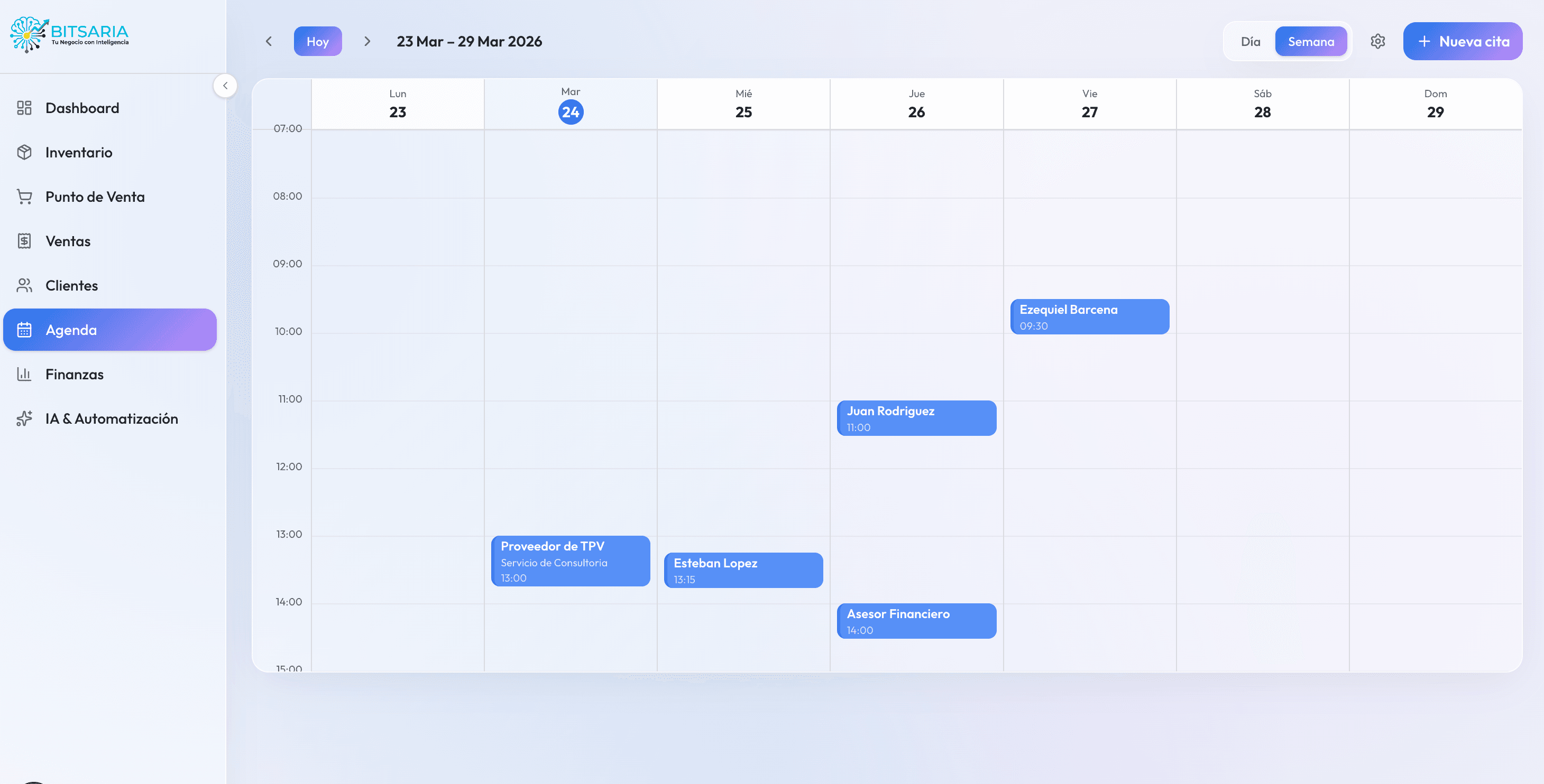 Módulo de agenda de BITSAR con calendario de citas por empleado, gestión de servicios y recordatorios automáticos