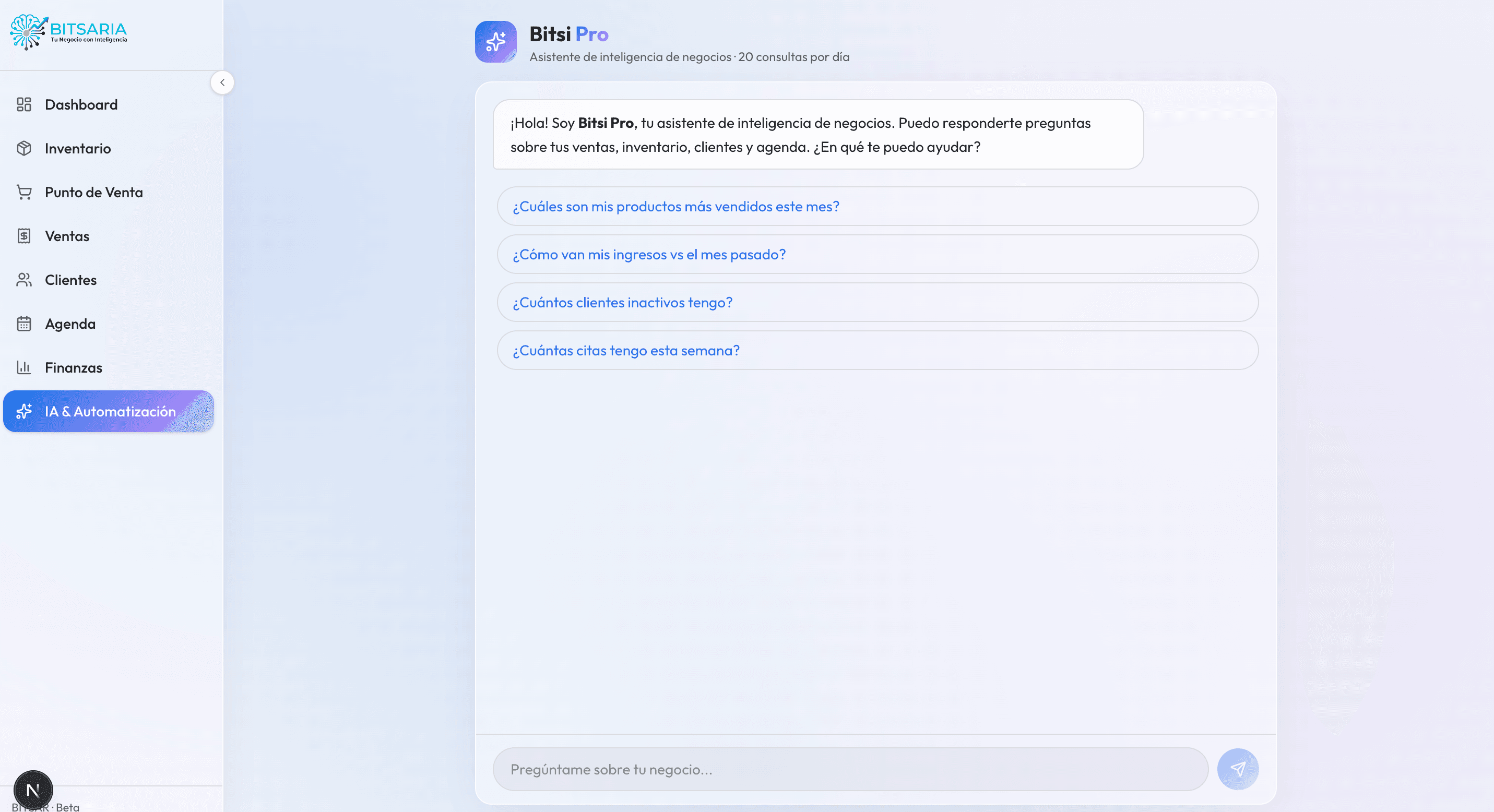 Asistente de inteligencia artificial Bitsi Pro de BITSAR respondiendo preguntas sobre el negocio en tiempo real